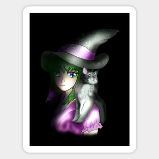 Young witch with a black and white cat Sticker